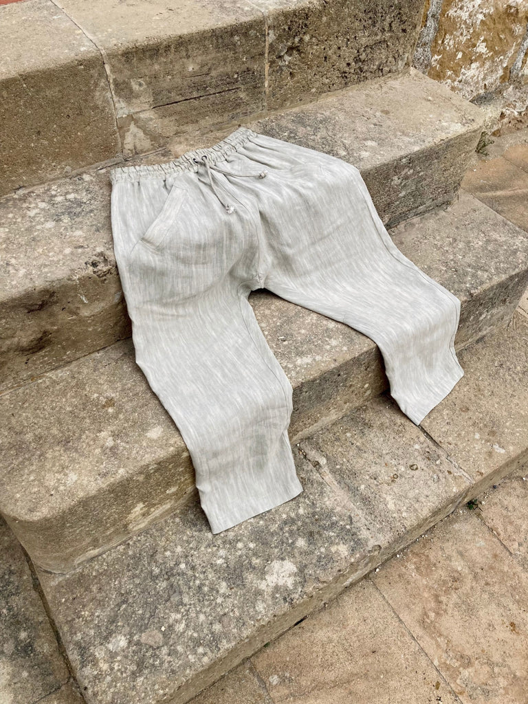 Magata natural linen unisex drawstring capri pants natural dyed