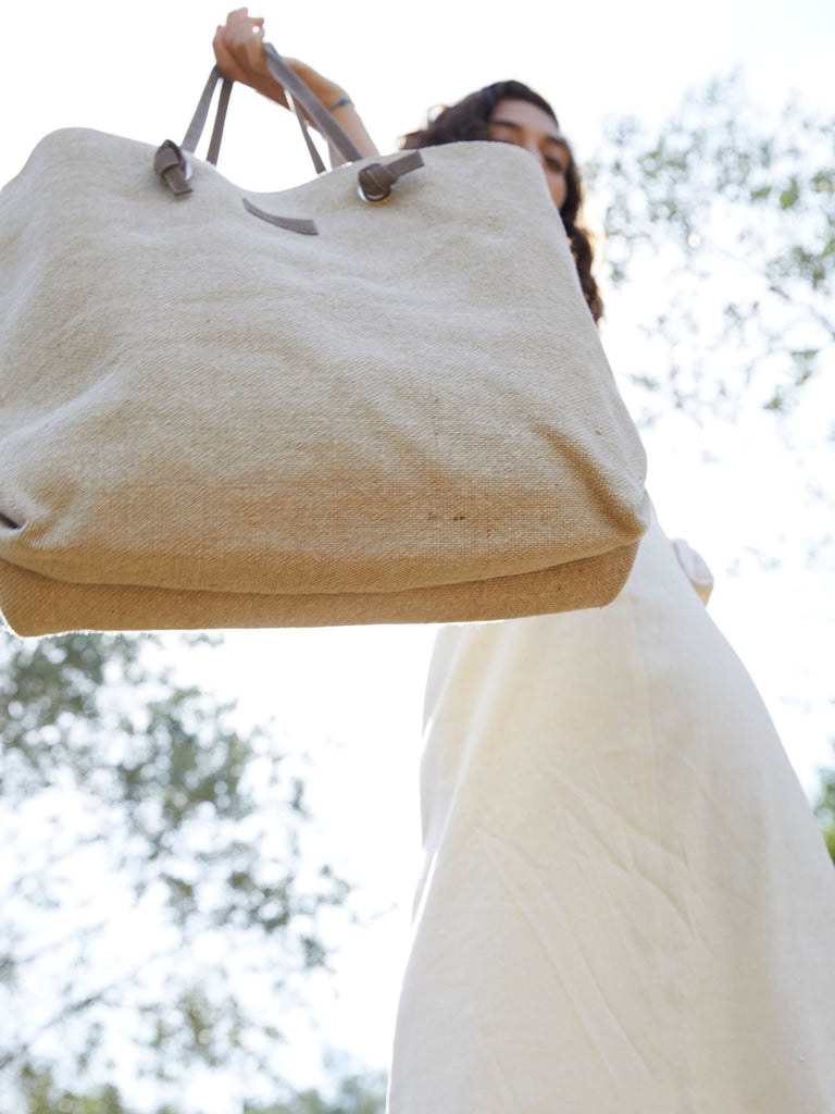 natural jute summer shopper bag with leather straps